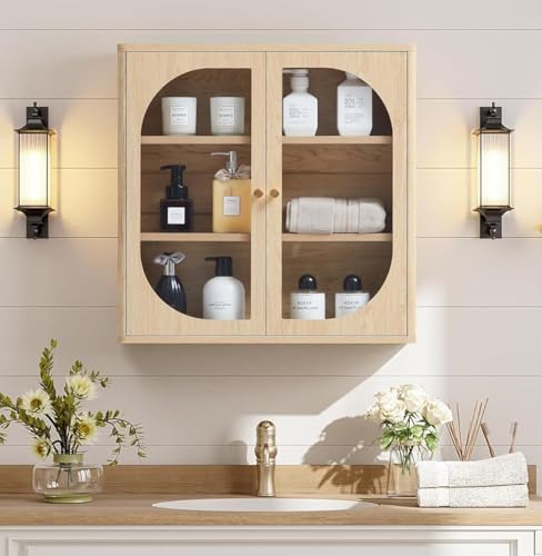 AVZEAR Wooden Bathroom Wall Cabinet with Arched Doors & Adjustable Shelf, Curved Medicine Wall Cabinet Over Toilet Wall Mounted Storage Cabinet for Bathroom, Kitchen, Living Room, Natural