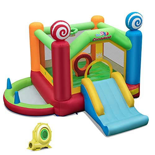 COSTWAY Hüpfburg mit Gebläse, großes Springburg mit Rutsche, Basketballkorb, Bällebad & 50 Spielbällen, für drinnen & draußen, 385 x 360 x 250 cm