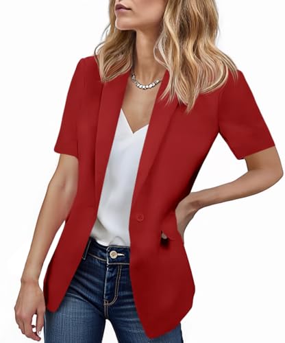Cicy Bell Women's Casual Blazer Short Sleeve Lapel Open Front Work Office Jacket Red