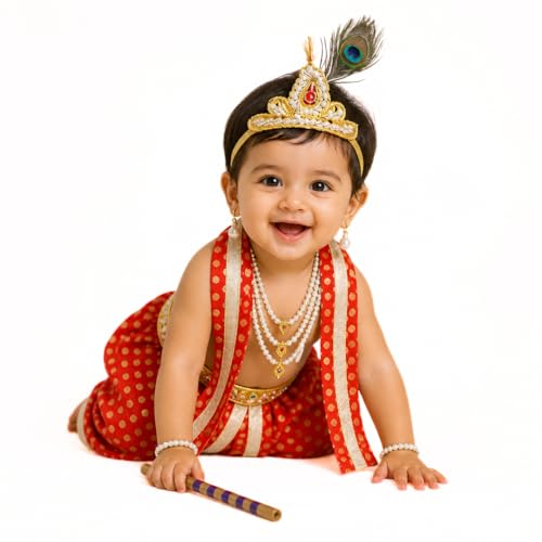 Image of ITSMYCOSTUME Krishna Dress for Baby Boy Kids Set of 10(Dhoti,Patka,Hip Cover,Mukut,Morpankh,Bansuri,Kamarband,Bajuband,Kundal) Little Krishna Ji Kanha Janmasthmi Costume for Kids