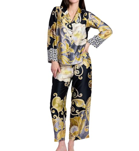 Natori Womens Deco Notch PJ Set Length: 27 Inseam: 26 Black/Gold Medium