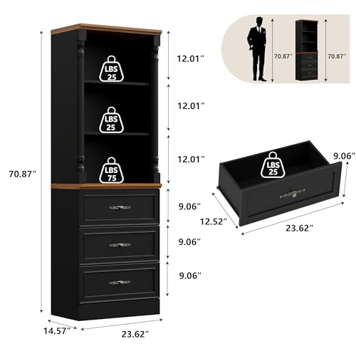 Image of 71'' Tall Bookshelf, Bookcase Storage Cabinets with 3-Tier Adjustable Shelves, Wooden Deep Book Shelf for Office, Living Room, Bathroom, Black
