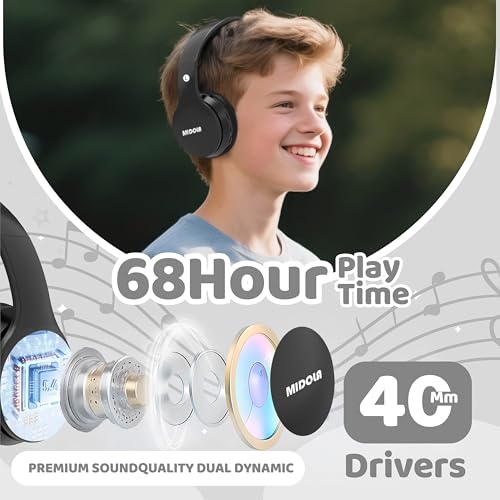 Image of MIDOLA Kids Headphones Bluetooth 5.4 Wireless 68H Play Time Volume Limit 85 /94dB Over-Ear Foldable Headset,Type-C Fast Charging,with Wired Aux Mic for Toddler Child Pad Tablet Black