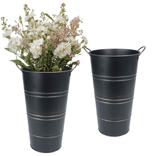 12 Inch Galvanized Metal Vase, 2 Pack Tall Flower Buckets with Handles