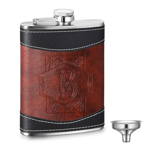Baderke Personalized Groomsmen Flask 8 oz Stainless Steel Monogram Hip Flask for Men Leather Birthday Gift for Dad Grandpa Wedding(Letter B)