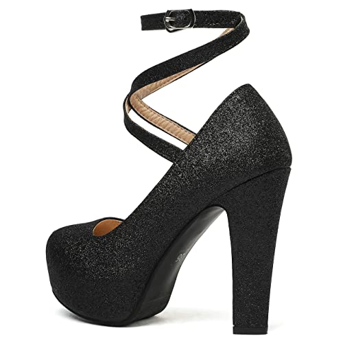 UniqueStride Womens Hidden Platform Block High Heel Sequin Glitter Pumps Chunky Heels Cross Strap Round Toe Wedding Bridal Party Shoes3