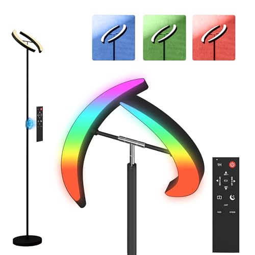 HOMCOM LED Stehlampe Wohnzimmer RGB Stehleuchte dimmbar mit 350° drehbarem Doppelkopf, Fernbedienung, Touch-Steuerung, 4 Farbtemperaturen, Timer, 3100 lm 2700K-6000K Deckenfluter für Wohnzimmer, Büro