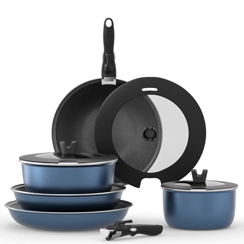 Juego de 12 Sartenes antiadherentes con Mango Extraíble, Menaje de Cocina con Tapas, Para Todo Tipo de Cocinas y Horno, apto Lavavajillas y Horno, Libre PFOA - Azul profundo