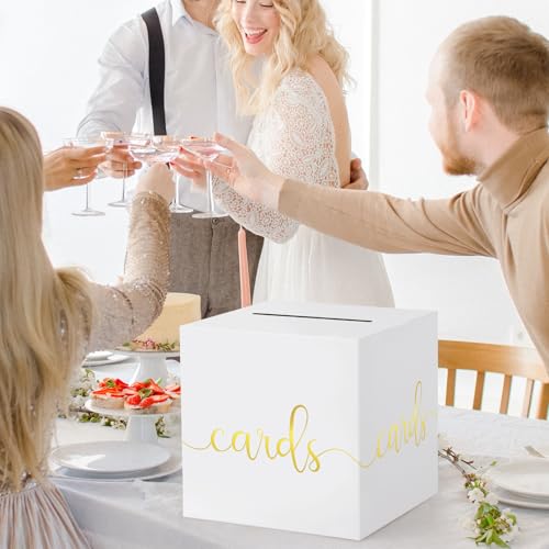 Image of Hooqict White Card Box with Slot 9.1 inch Gold Foil Gift Card Box Holder for Party, Graduation, Wedding Reception, Retirement Party Decorations, Raffle Ticket Money Envelope