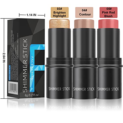 3 Pcs Highlighter Blush Contour Makeup Stick Set,Face Highlighter Highlight Makeup Stick,Matte Cream Blush Stick,Mineral Cream Contour Stick,Long-Lasting,Water-Proof And Sweat-Proof Makeup Sticks Set #TOP5