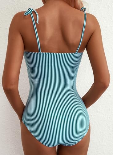 Herseas Women\'s One Piece Bathing Suits High Cut Removable Pad 2026 Summer Slimming Full Coverage Swimsuits Striped Chic Sweetheart Neck Ruffled Trim Beach Outfits for Teens Light Green Stripe Small