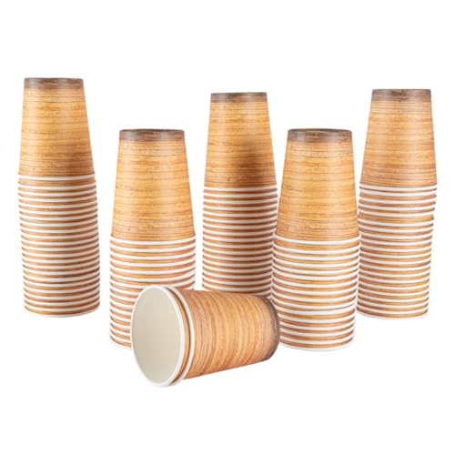 CEILIWEN 100 vasos de papel marrón de 250 ml, vasos de papel marrón con efecto de madera para bebidas frías y calientes, tazas de fiesta temática del bosque, tazas de fiesta de vaquero para