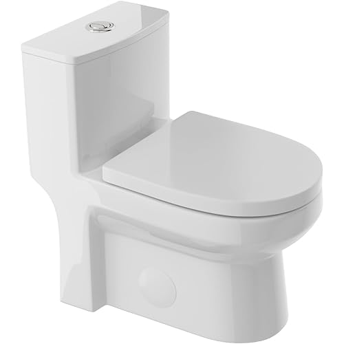 Geworzi Elongated One Piece Toilet with Soft-Close Seat, Comfort Height 16'' Compact Toilet for Bathrooms, 1.1/1.6 GPF High Efficiency Siphon Dual-Flush, 12'' Rough-In Sleek White Toilets, D-333