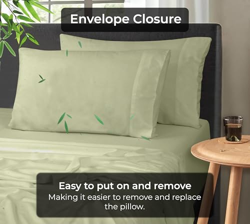 Image of Royale Linens Cooling Pillow Cases King Size Set of 2-100% Rayon Derived from Bamboo Cooling Pillowcase for Hot Sleepers - Soft & Silky Pillow Covers with Envelope Closure (Sage Green 20x40 Inches)