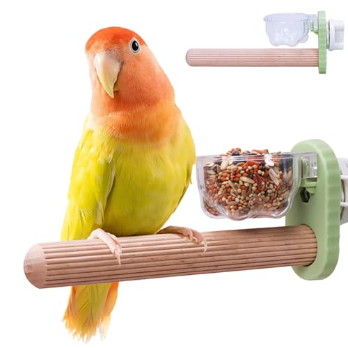 Qpets Bird Perch Stand with Feeding Cup, Anti-Slip Wooden Bar for...