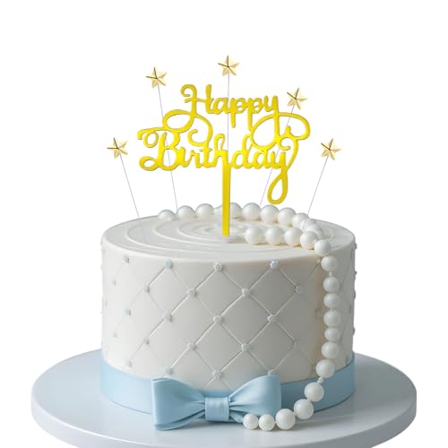 JRYZCHBO Happy Birthday Cake Topper,Acrylic Boy or Girl Cake Sign Decorations,Birthday Cake Topper Supplies for Men's Women's Birthday Party Cake Dessert (Gold+starts)
