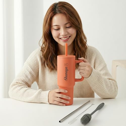 Image of Personalised 1200ml Insulated Stainless Steel Tumbler with Handle and Straw Lid - Large Travel Mug for Coffee & Water, Double Wall Vacuum Cup, Car Cupholder Friendly (Rusty Peach)