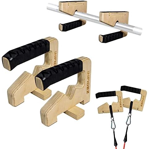 INFIDEZ 3-in-1 Wooden Pull Up and Push Up Handles, Resistance Band Handles, Non-slip Push Up Handles for Floor with Stable Base, Handstand Bars, Calisthenics Equipment for Indoor and Outdoor Workout Cover