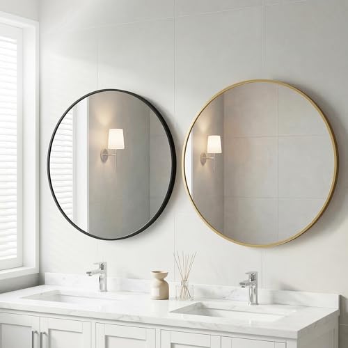 Image of Sweetcrispy Round Bathroom Mirror for Over Sink, 30 Inch Wall Mounted Vanity Mirror with Matte Metal Frame, Decor for Bathroom, Entryway, Bedroom, Black