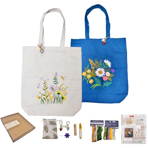 Image of Speedura Embroidery Kit for Beginners - Dual Canvas Tote Bags with Floral Cross Stitch Patterns | Complete Needlepoint Set Includes Hoops, Threads & Step-by-Step Video Tutorial (Beige & Blue Set)