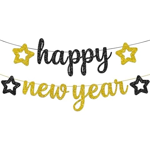 Black Gold Glittery Happy New Year Banner Paper Star Bunting Hanging Garland for New Year Theme Party Decoration Cover
