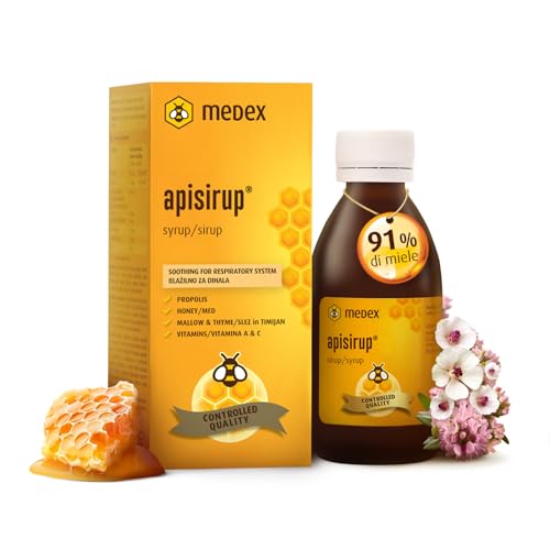 Medex Apisirup con propoli, 91% di miele, per benessere della gola secca, gusto eccellente, con vitamina A, C, malva e timo 140 ml