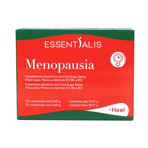 Essentialis Menopausia · Cimicífuga, Salvia, Melisa, Maca Negra y Vitaminas D, B6 y B12 · Bienestar y Equilibrio · Sin Soja · Fabricado en España · 30 Comprimidos