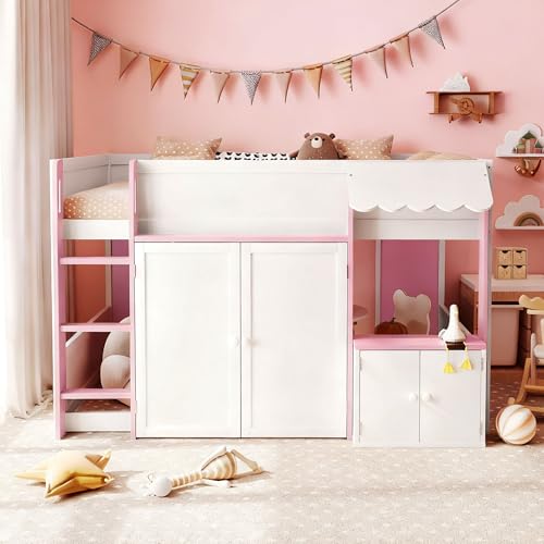 Image of Full House Loft Bed with Playhouse & Storage, Modern Wood Cabin Bed for Kids /Teens (White+Pink)