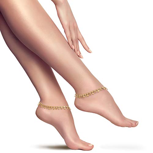 Image of Duel On Jewel Gold Payal Set for Women, Indian Paayal Jhanjar Chain Anklets with Bell Detail, Foot Jewelry Pair, 10 Inch Comfort Fit, Traditional & Dainty Styles for Wedding Beach Everyday Gift