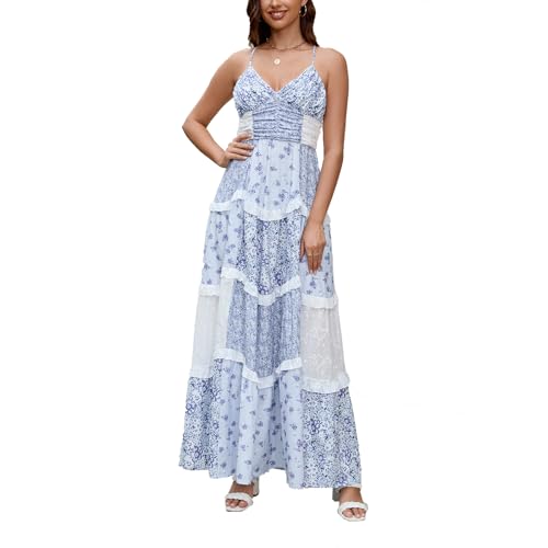 Amazon.com: Women Floral Patchwork Maxi Dress V Neck Sleeveless