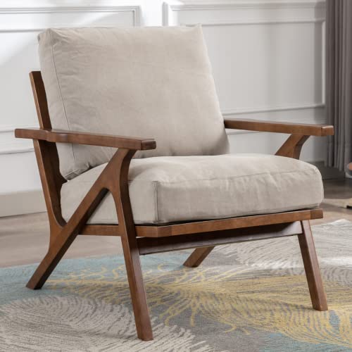 Mid Century Modern Accent Chair Upholstered Armchair Comfy Lounge Chair Indoor Arm Chair For Bedroom Living Room, Cream Fabric #TOP8