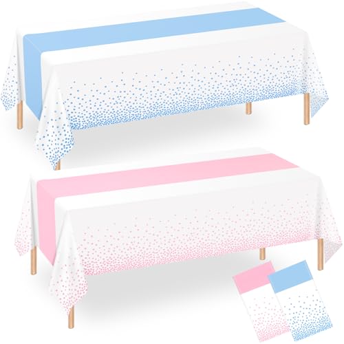 Image of WNINK 2 Pack Pink and Blue Tablecloths, Gender Reveal Disposable Plastic Waterproof Table Cover for Boy or Girl Gender Reveal Party, Baby Shower, Birthday Party Decorations 54 inch x 108 inch