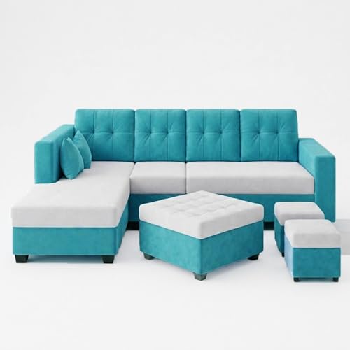 Image of FURNY Nathan 8 Seater L Shape Sofa Set LHS (Sky Blue-Light Grey) | Suede Velvet Finish | Durable Comfort Sofa for Modern Living Room & Office Spaces