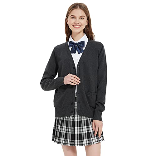 Image of Blostirno Women's Cardigan School Uniform Sweater Cardigans V-Neck Long Sleeve Button Down Knit with Pockets