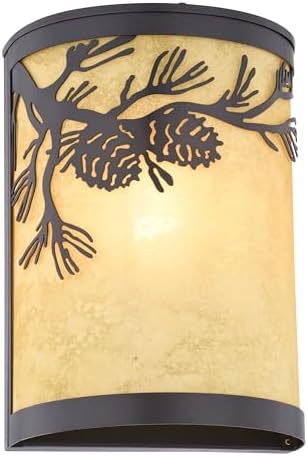 VAXCEL Douglas 1-Light 8 in. Wide Warm Bronze Indoor-Outdoor Rustic Flush Mount Wall Sconce with Pinecone Cutout and Amber Flake Glass Shade, Dimmable, LED Compatible, Bathroom Vanity Lighting Fixture