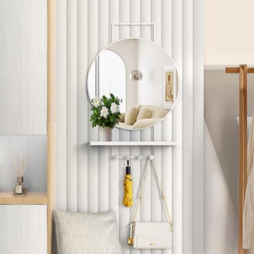 Image of BEAUTME Wall Mirror with Shelf and Hooks, 30x20 Inch Metal Framed Round Bathroom Mirrors with Shelf, Modern Farmhouse Wall Decor for Living Room Bedroom Entryway, Vertical (White)