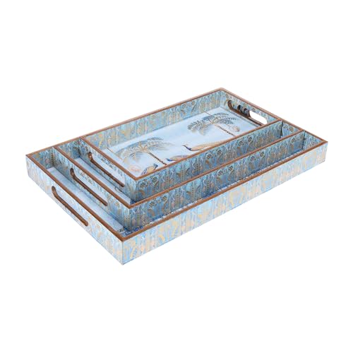 Image of Rectangular Wooden MDF Serving Trays Set of 3 (16x10, 14x8, 12x6 Inches) - Enamelled Finish with Easy-Grip Handles, Perfect for Dining, Tea, Snacks & Home Decor (Blue Peacock)