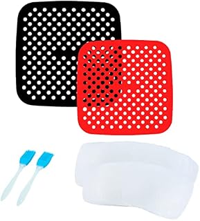 Kikuo 2 Pieces Air Fryer Liners, Reusable Air Fryer Silicone Liners, Food Grade Non-Stick Easy to Clean Square Silicone Replacement Air Fryer Accessories with Baking Brush, Black Red