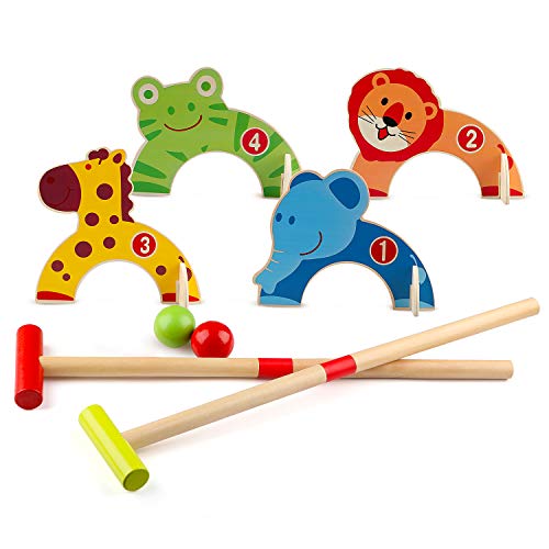 Wondertoys Juego de Croquet de Animales de Madera, Juguetes de Golf con 2 Bolas, Juego Educativo temprano, Regalo para niños