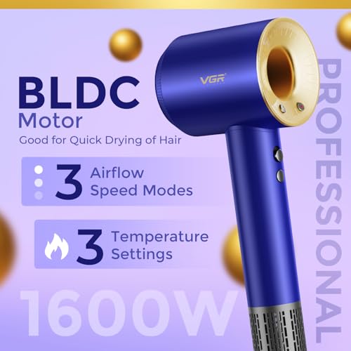 Image of VGR V-445 Professional Hair Dryer with High-Speed 110000 RPM BLDC Motor with 3 Speed & 4 Temperature Settings, Independent Cool Shot, Overheat Protection, 1600W, 2 Years Warranty (Blue)