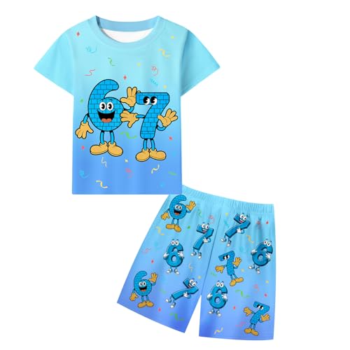 HBTJCZXL Boys 2PCS 67 Meme Pattern Short Sleeve T-shirt Shorts Set Kids Six Seven Summer Tee Tops and Pants Clothes Set