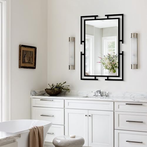Image of Large Decorative Wall Mirror, 24 inchx36 inch Black Mirror for Bathroom, Tempered Glass Wall Decor with Metal Frame for Living Room, Modern Farmhouse Style, Horizontal /Vertical