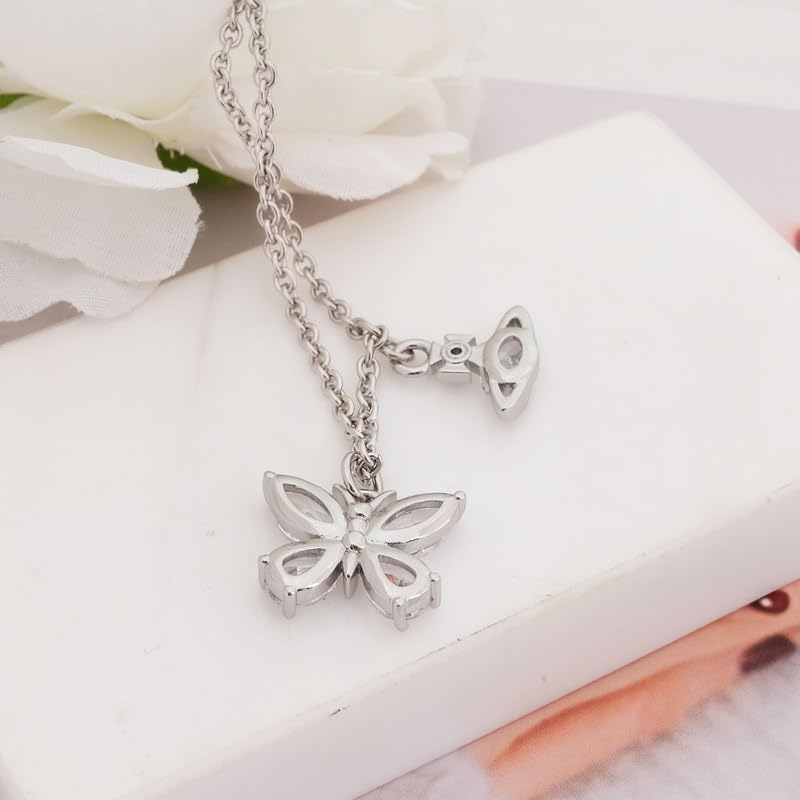 ZHAOZHAO Colorful Butterfly Necklaces of Saturn for Women - Punk Zircon Butterfly Saturn Pendant Necklace(Silver)3