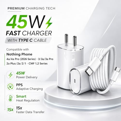 Image of 45W PPS Adapter with Type C to C Cable Compatible with Nothing Phone 4a /4a Pro(2026 Series) 3 /3a /3a Pro /2a Plus /2a /2 /1 CMF1,2 Series