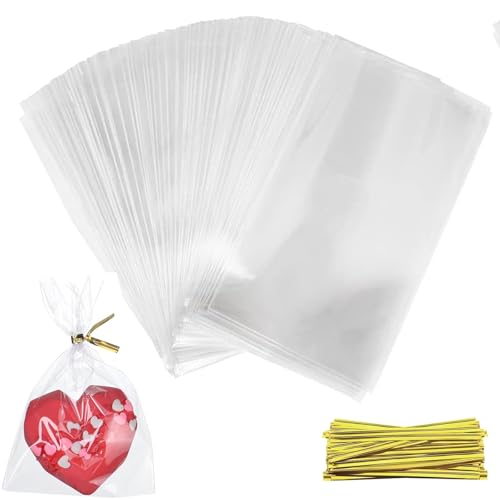 TuoYi 100 Pieces Clear Cellophane Treat Bags with Ties,Small Plastic Gift Wrap for Gift Wrapping,Packaging Candies,Dessert,Bakery,Party Favors (Clear, 9x13cm)