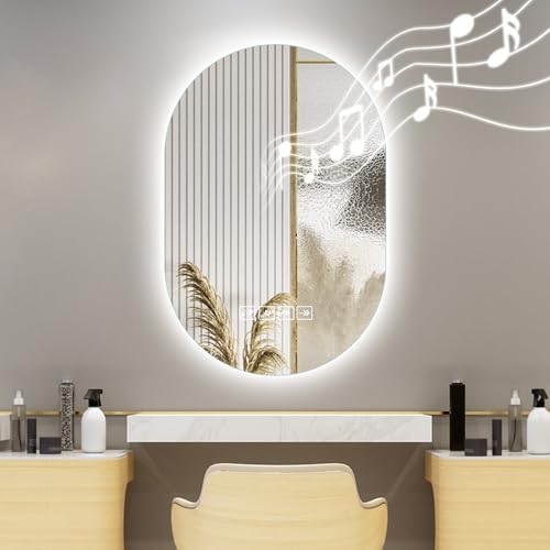Viugreum Espejo Baño Con Luz LED Regulable en 3 Colores Bluetooth, Elipses 50*75cm Luz de Baño Espejo de Pared con Interruptor Táctil, Anti-vaho, Función de Memoria Espejos Inteligente Retroiluminado