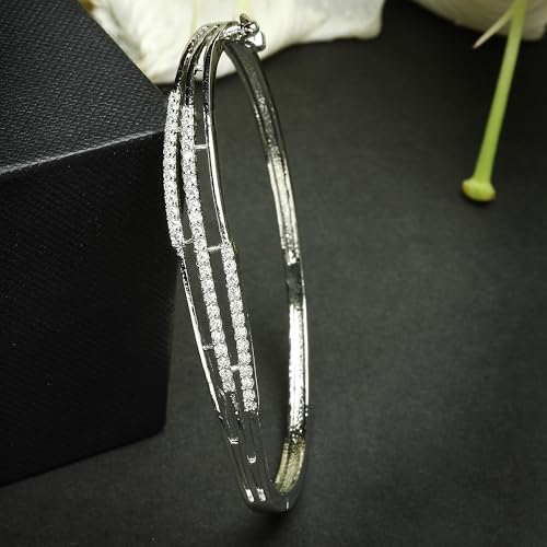 Image of ZENEME Rhodium Plated Silver Toned American Diamond Studded Grace Line Kada Bracelet For Women