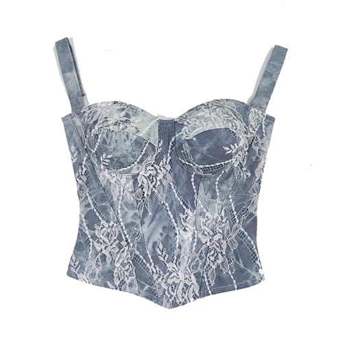 Gnoboshgh Women's Bustier Denim Lace Patchwork Jacquard Fishbone Corset Vintage Going Out (blue cupAB,Small)