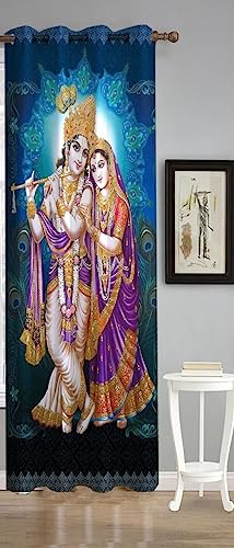 Image of Heavy Fabric Digital Printed Radha Krishna Parde for Mandir Pooja Room Temple Home, 4x9 feet Long Curtains Set of 1 Pc, Blue
