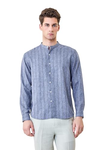 Image of SNITCH Men Casual Shirt | Regular Fit Full Sleeve Mandarin Collar Striped Design | Polyester Cotton Linen Blend & Breathable Fabric for Smart Casual